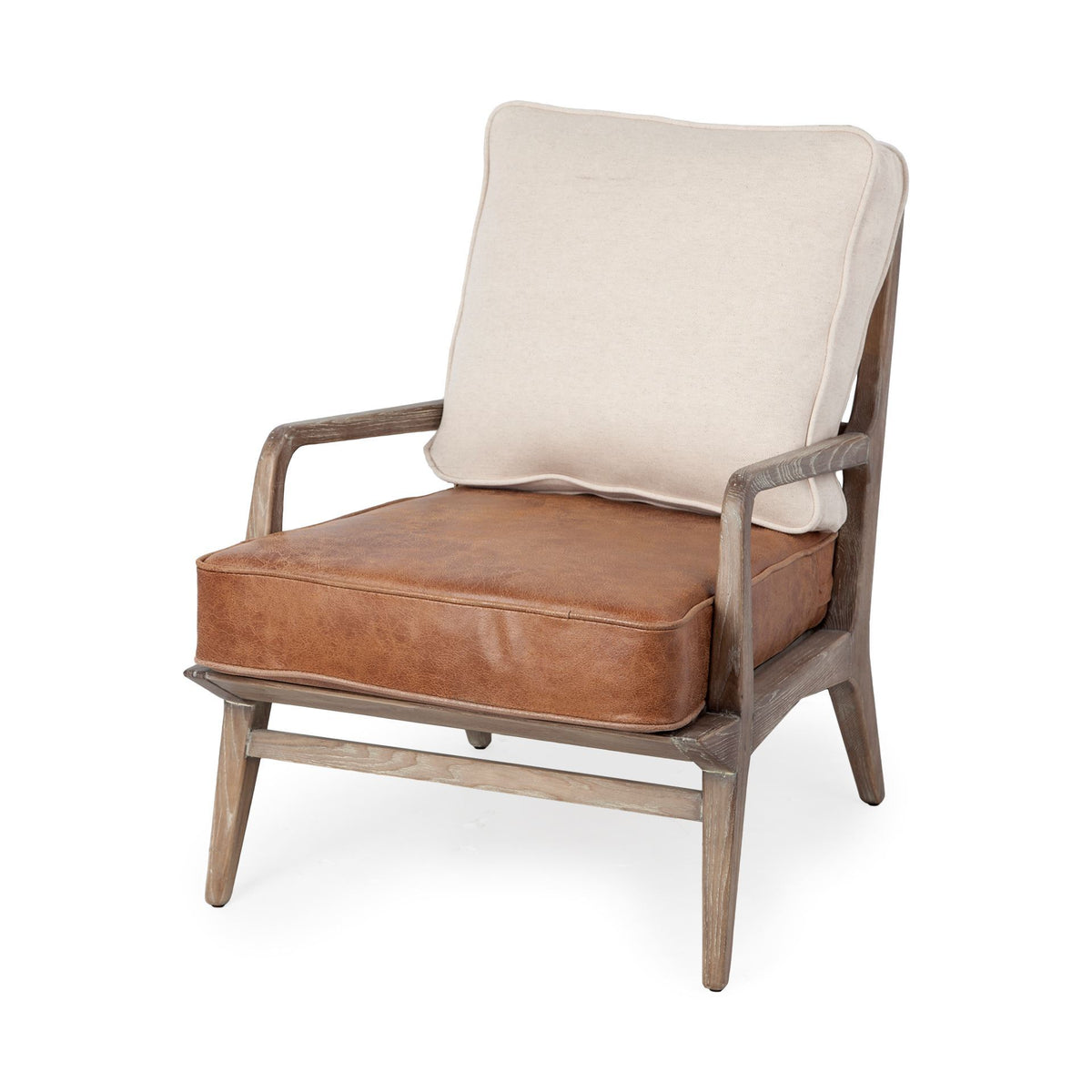 Harman Brown Leather and Cream Linen Accent Chair