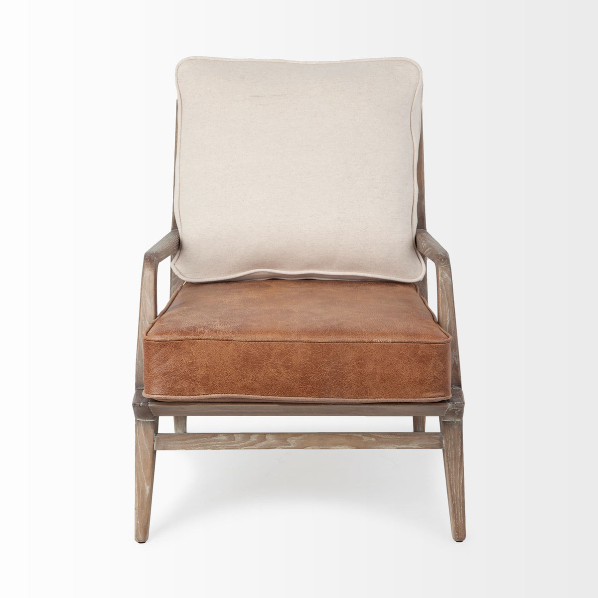 Harman Brown Leather and Cream Linen Accent Chair