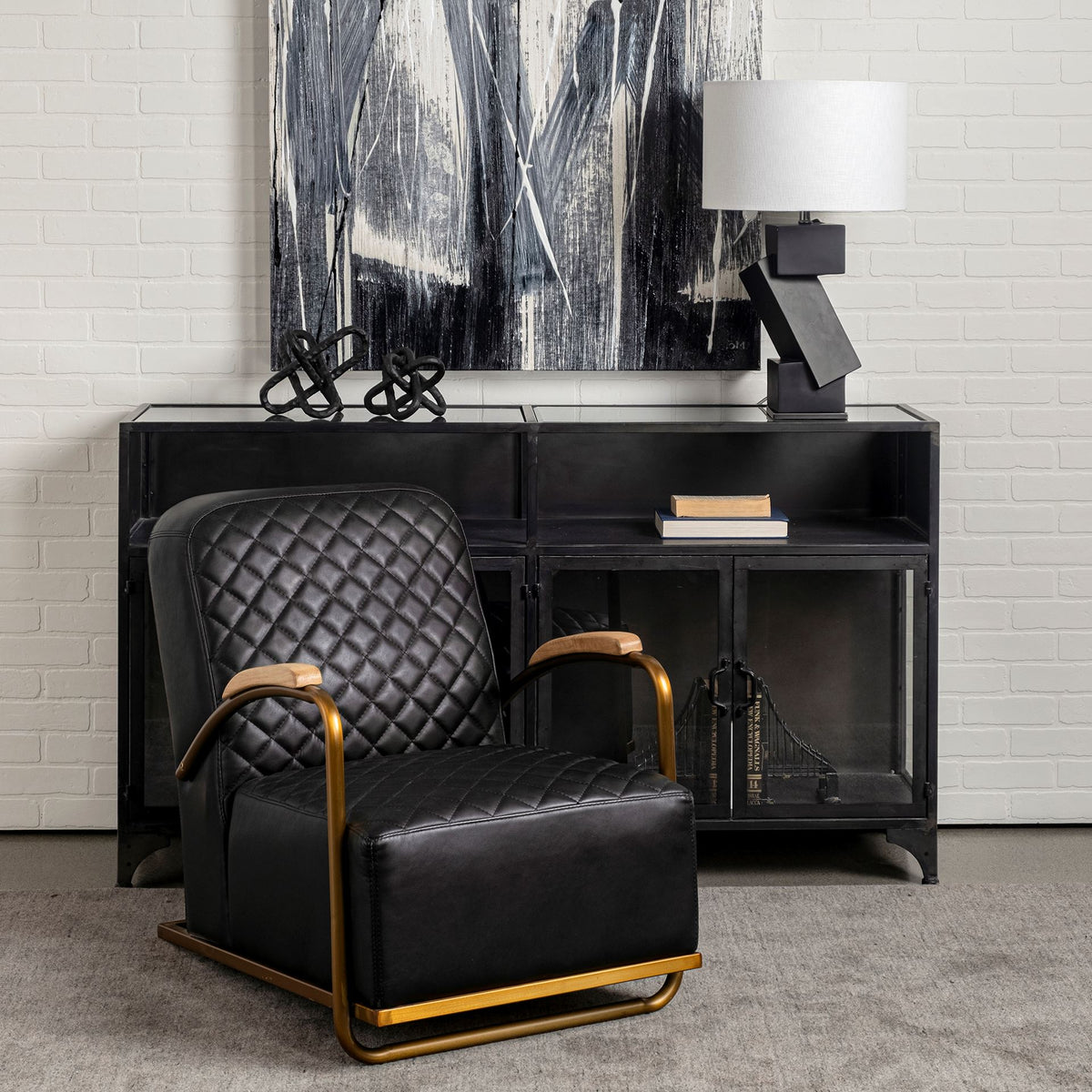 Horace Black Genuine Leather Diamond Tufted Accent Chair