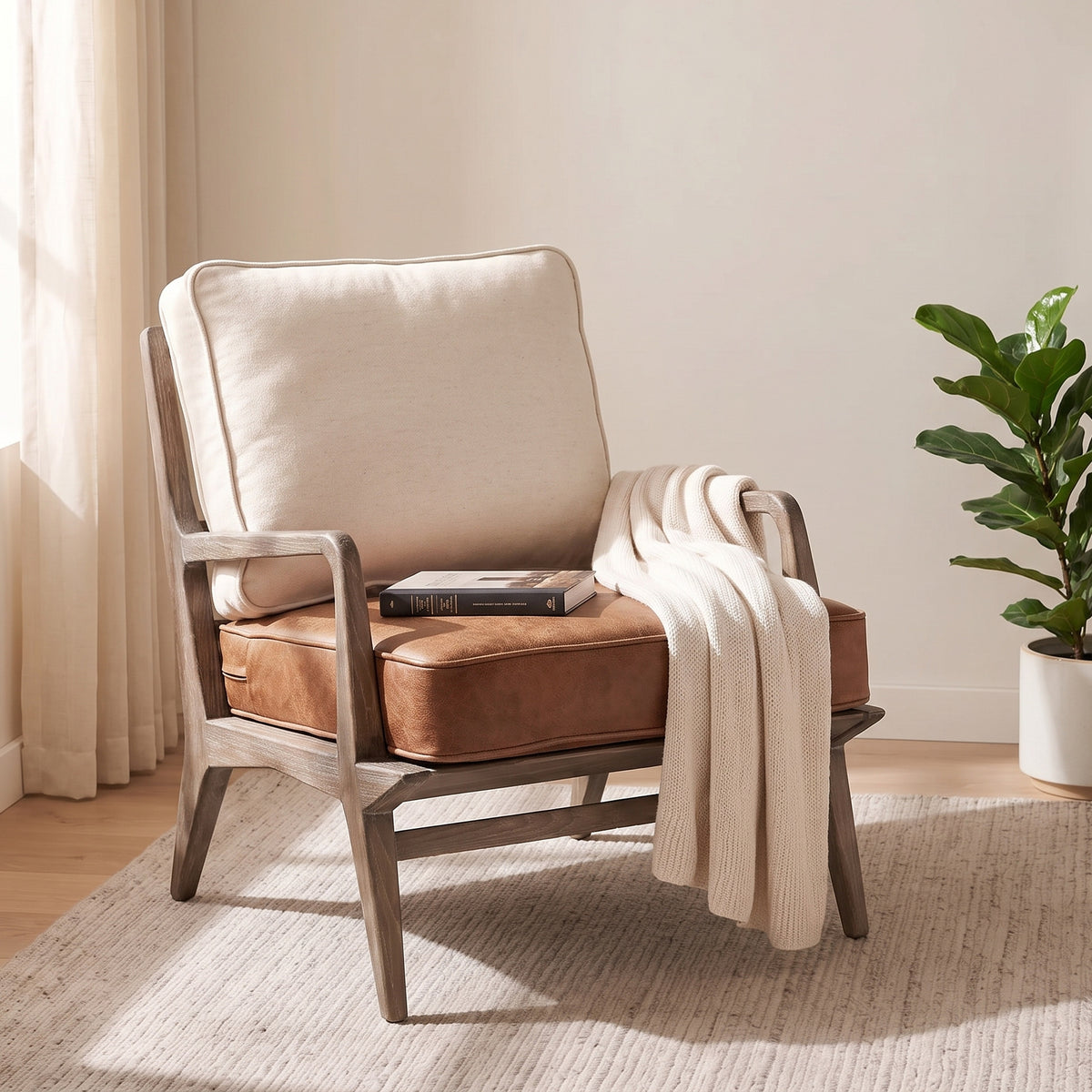 Harman Brown Leather and Cream Linen Accent Chair