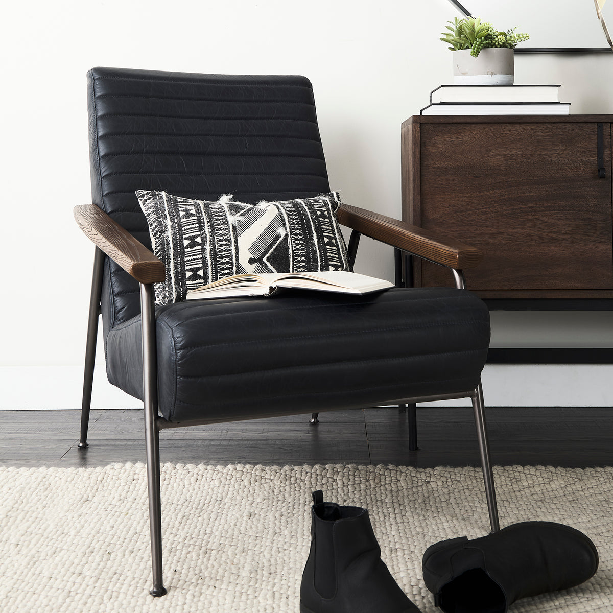 Grosjean Black Leather Bronze Frame Accent Chair