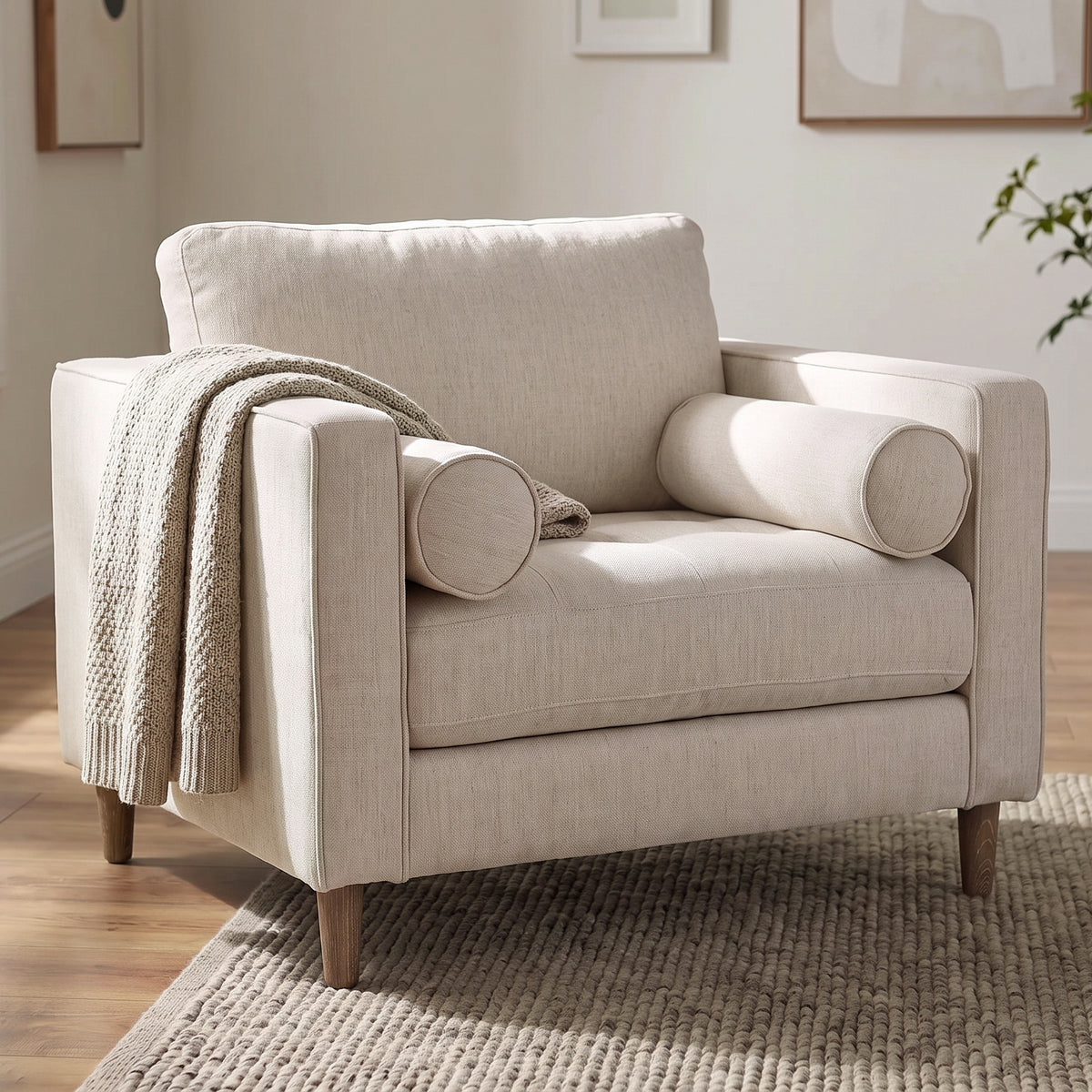 Loretta Cream Fabric Arm Chair with Bolster Pillows