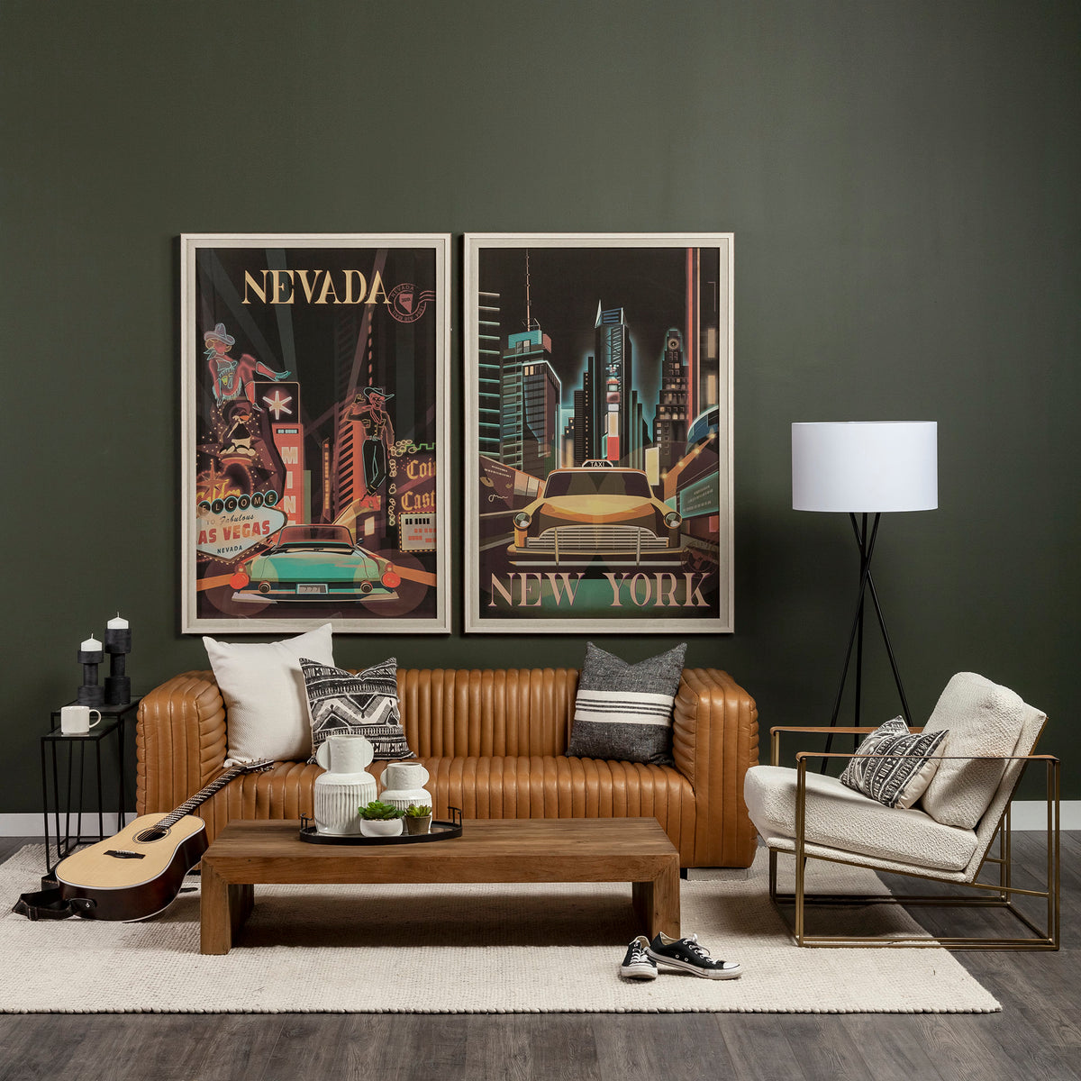 Ricciardo Cognac Genuine Leather Channel-Tufted 3-Seater Sofa