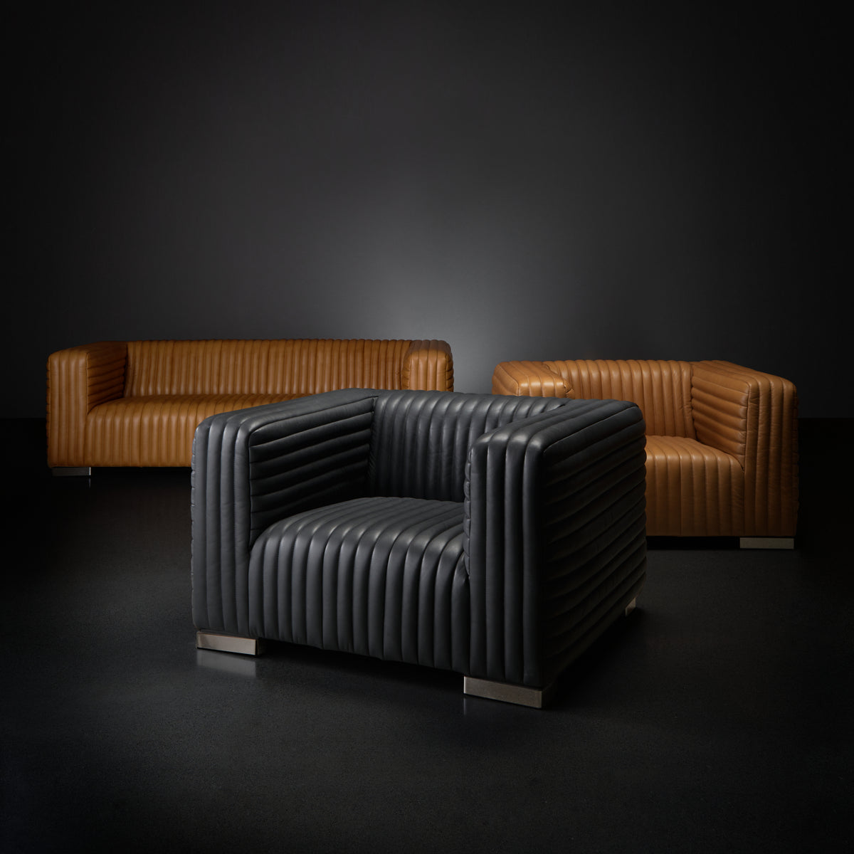 Ricciardo Cognac Genuine Leather Channel-Tufted 3-Seater Sofa