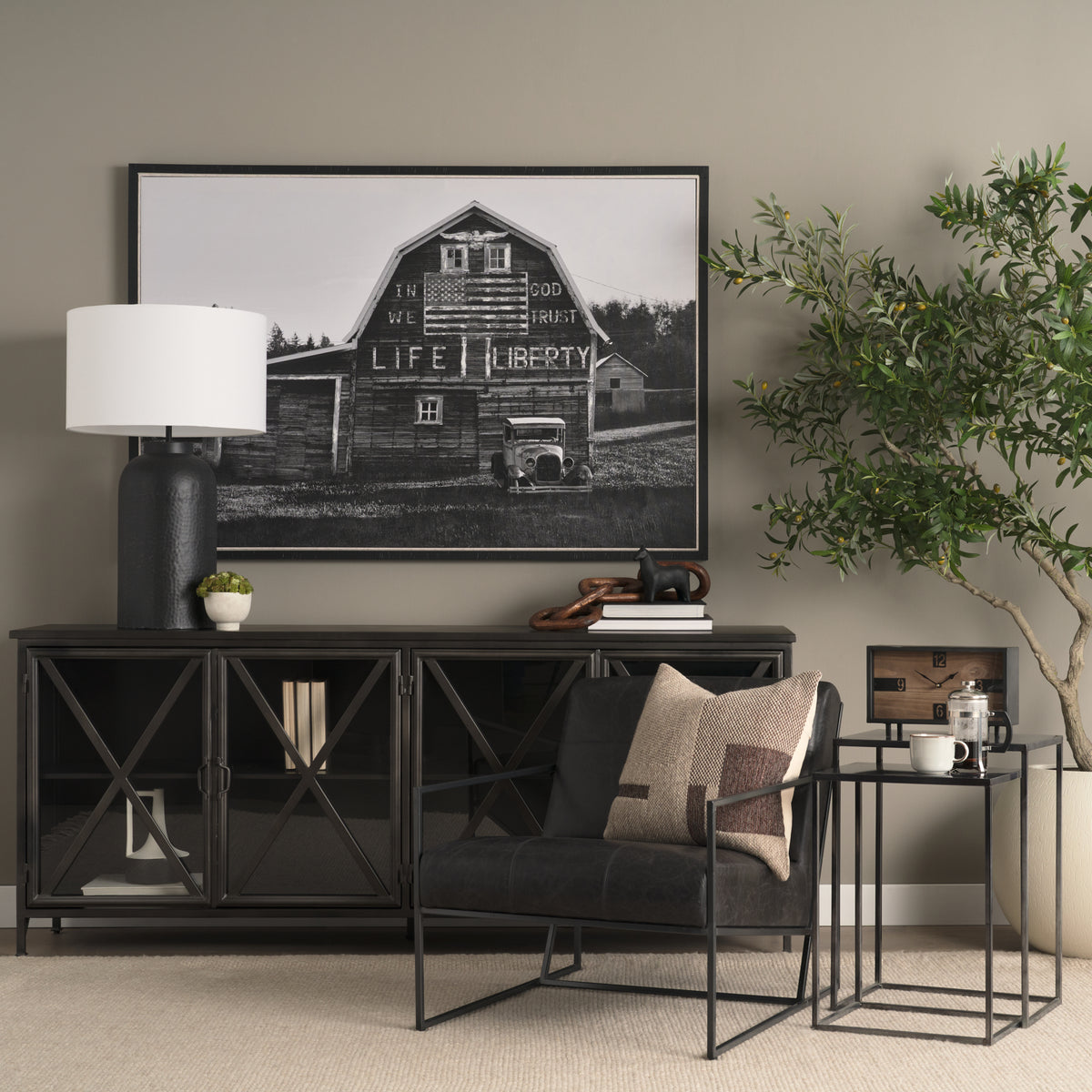Stratton Aged Black Genuine Leather Accent Chair