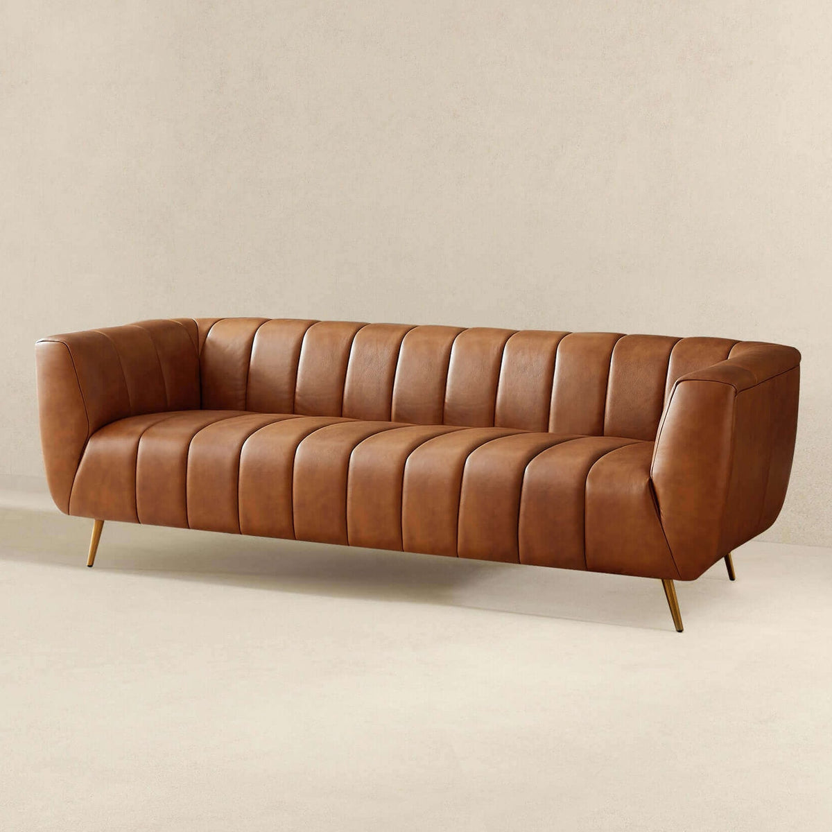 Ava Genuine Italian Cognac Leather Channel Tufted Sofa
