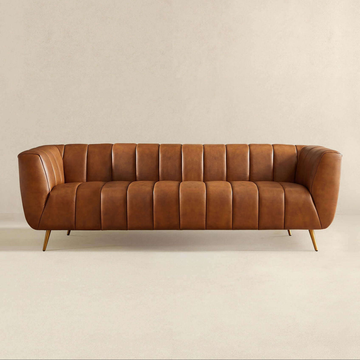 Ava Genuine Italian Cognac Leather Channel Tufted Sofa