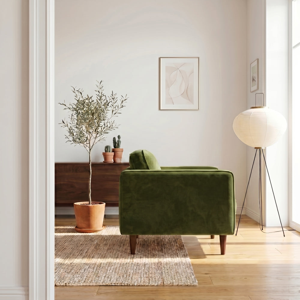 Casey Mid-Century Modern Pillow Back Olive Green Velvet Armchair
