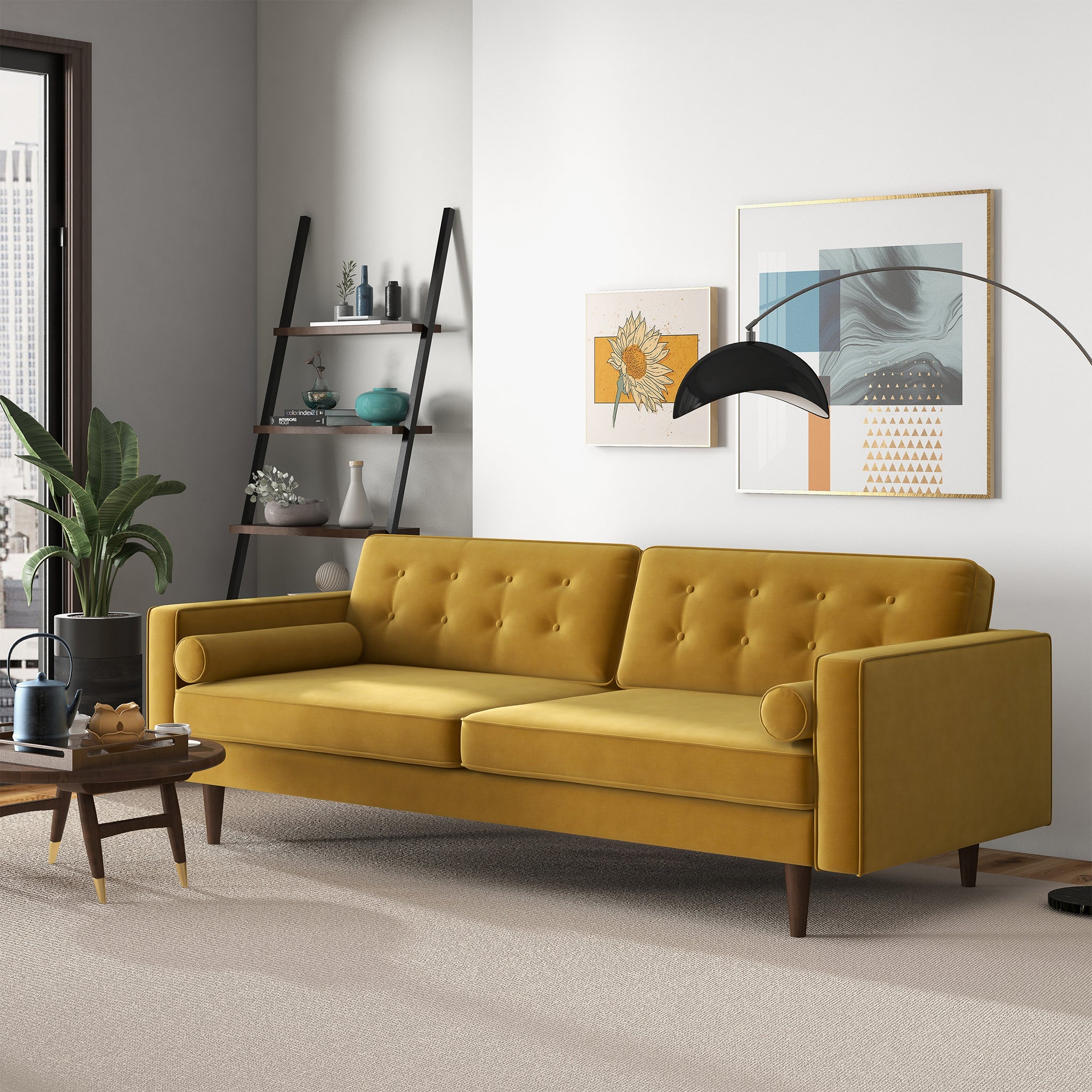 Casey Tufted Back Dark Yellow Velvet Upholstered Sofa