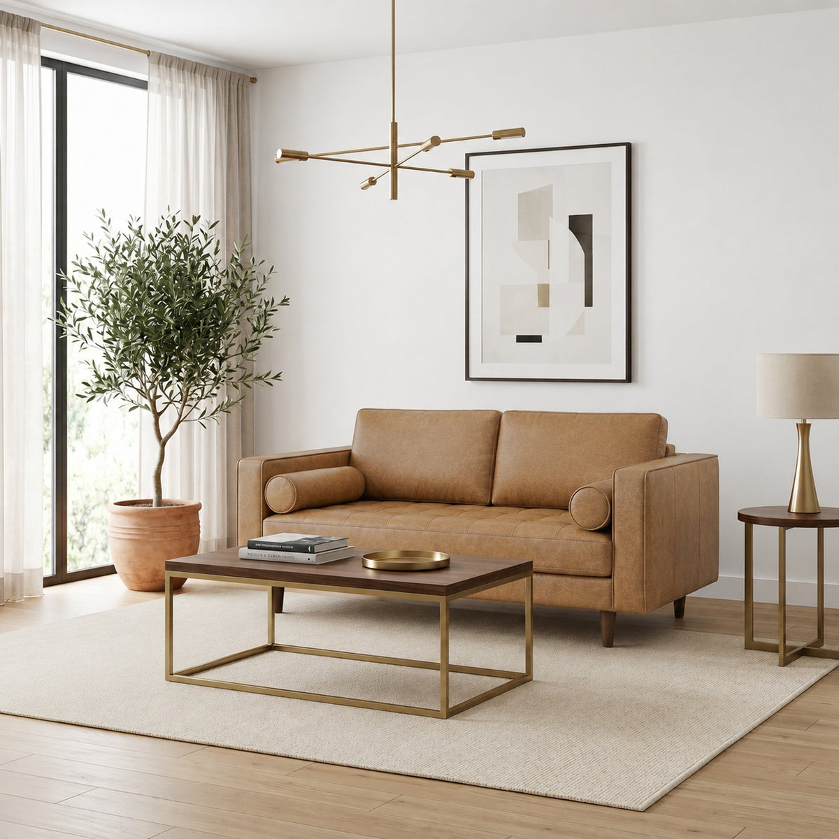 Catherine Luxury Mid-Century Modern Italian Tan Leather Loveseat