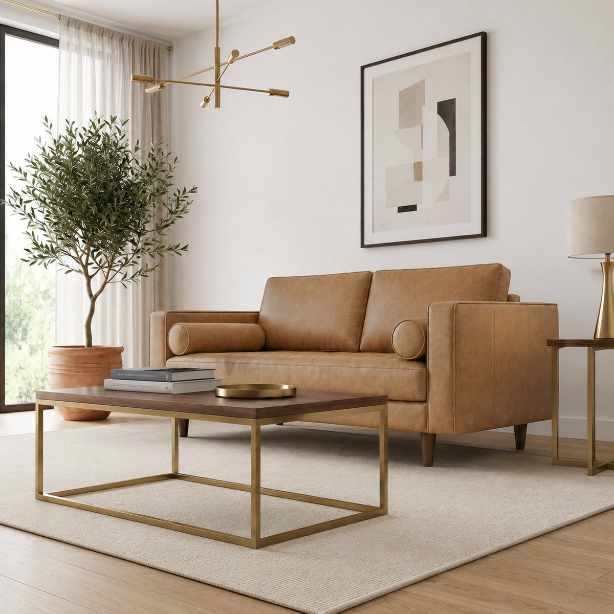 Catherine Luxury Mid-Century Modern Italian Tan Leather Loveseat