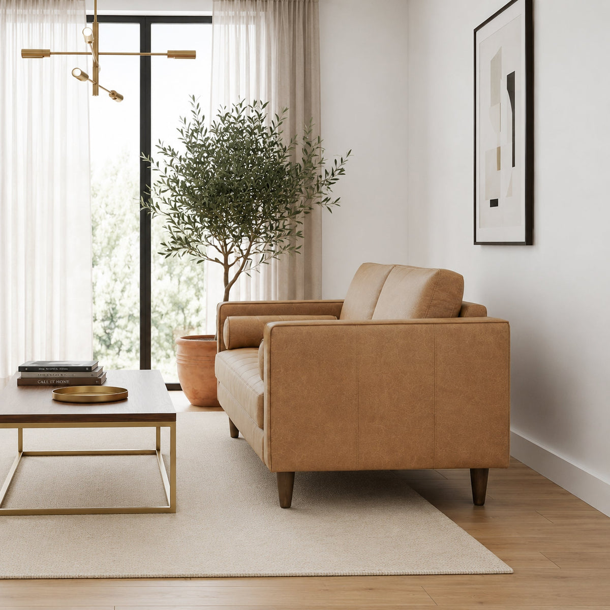 Catherine Luxury Mid-Century Modern Italian Tan Leather Loveseat