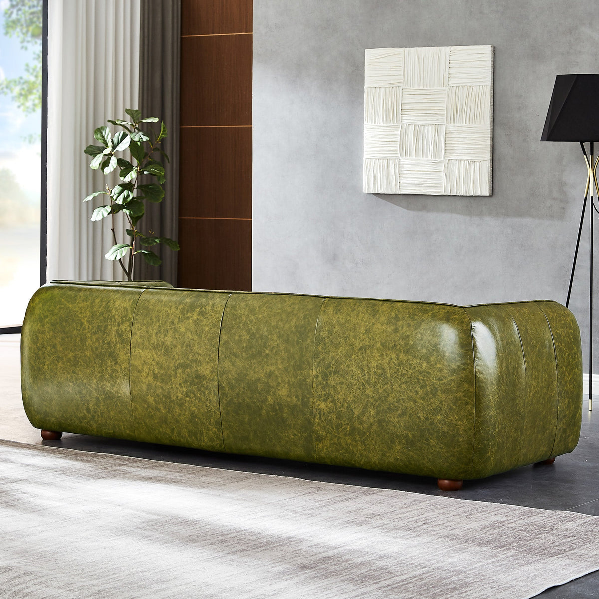 Mila Mid-Century Modern Green Genuine Leather Sofa