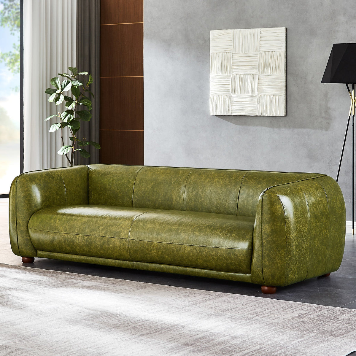 Mila Mid-Century Modern Green Genuine Leather Sofa