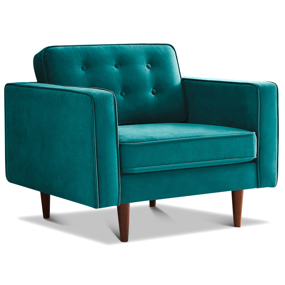 Casey Mid-Century Modern Pillow Back Velvet Upholstered Armchair in Teal