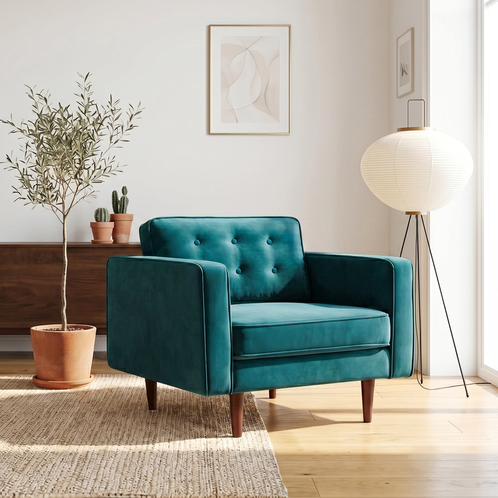 Casey Mid-Century Modern Pillow Back Velvet Upholstered Armchair in Teal