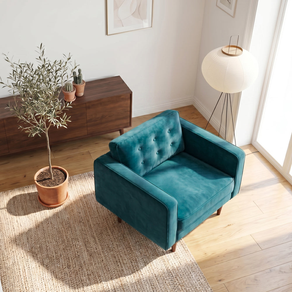 Casey Mid-Century Modern Pillow Back Velvet Upholstered Armchair in Teal