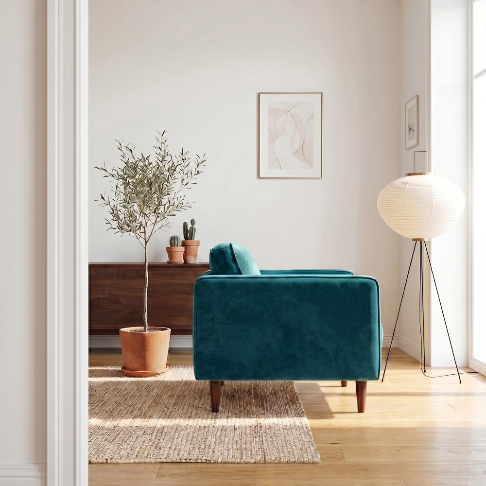 Casey Mid-Century Modern Pillow Back Velvet Upholstered Armchair in Teal