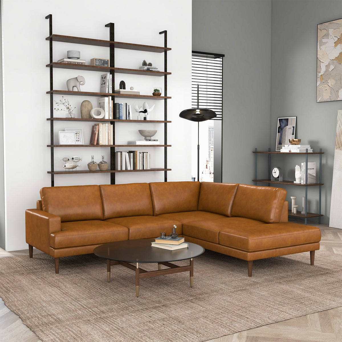 Corbin Luxurious Genuine Tan Leather - Right-Facing Sectional Sofa
