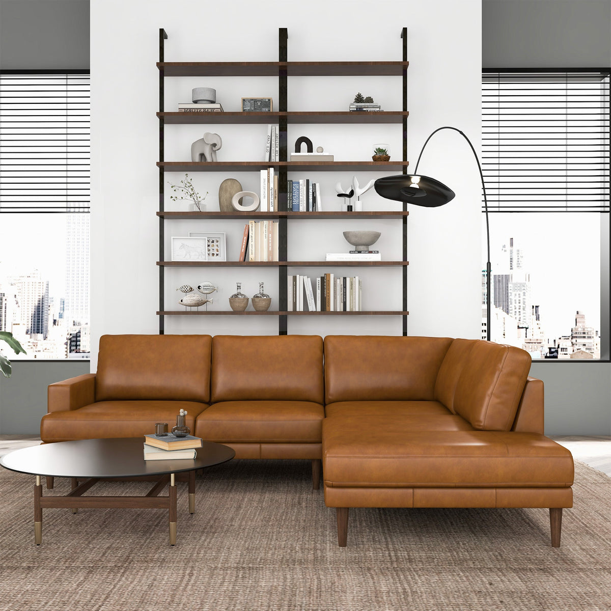 Corbin Luxurious Genuine Tan Leather - Right-Facing Sectional Sofa