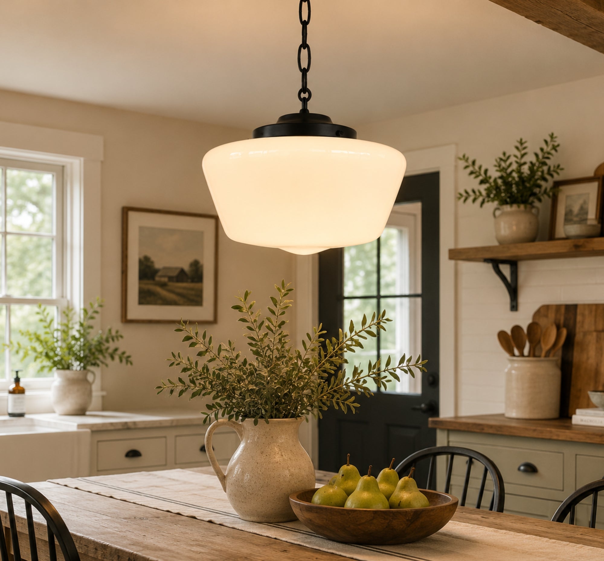 Large Antique Milk Glass Pendant Light