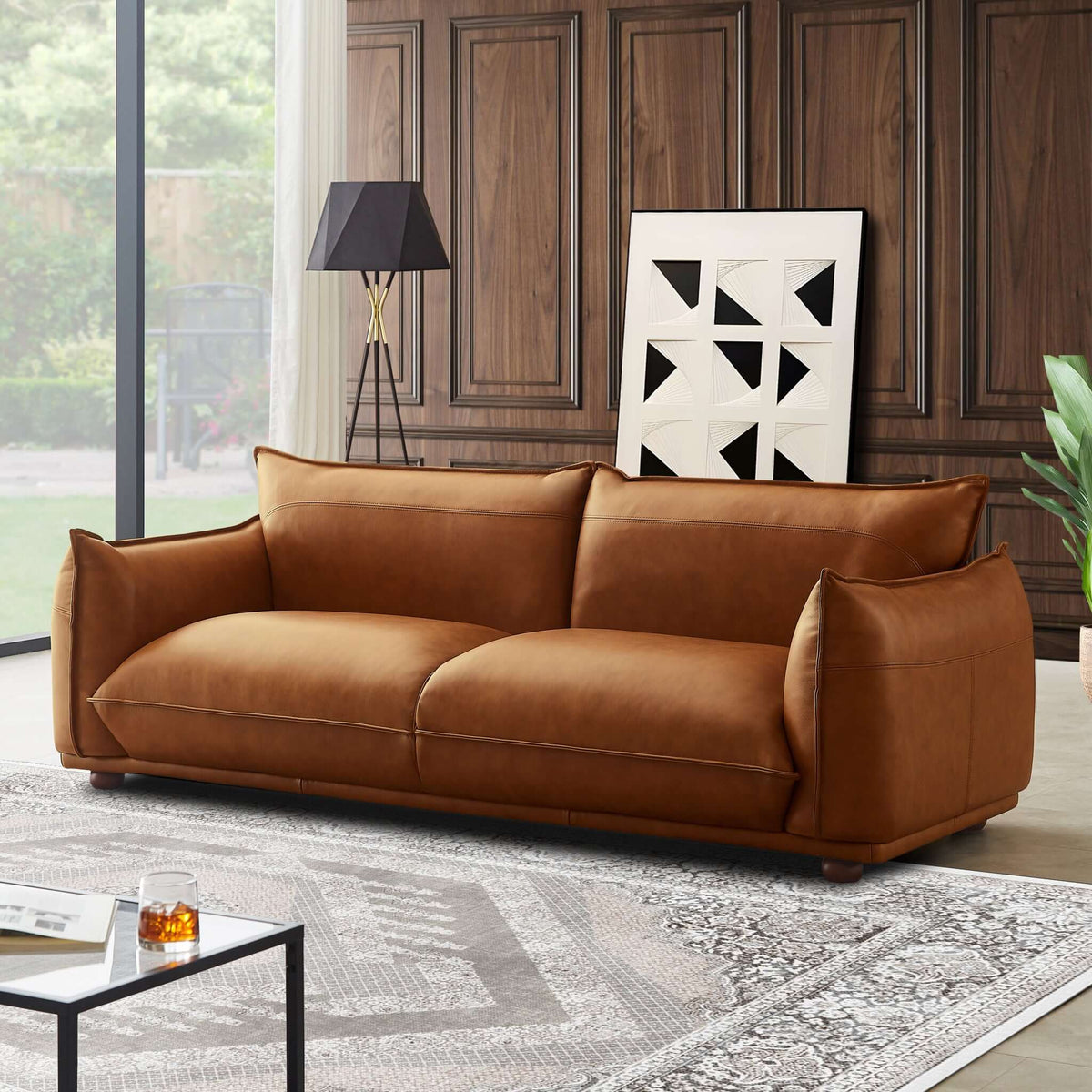 Emma Mid-Century Modern Cognac Leather Sofa