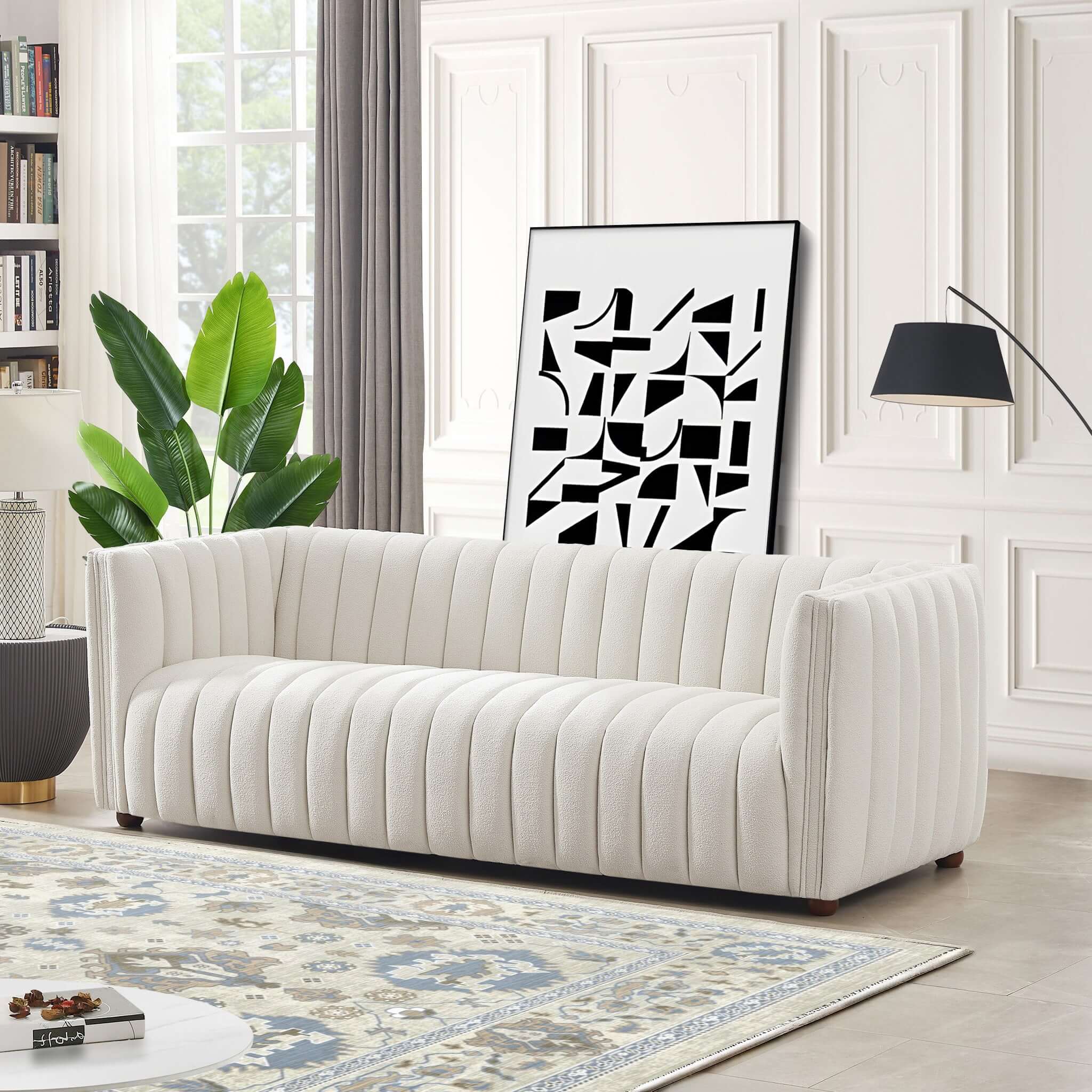 April Mid-Century Modern Luxury Tight Back Beige Boucle Sofa