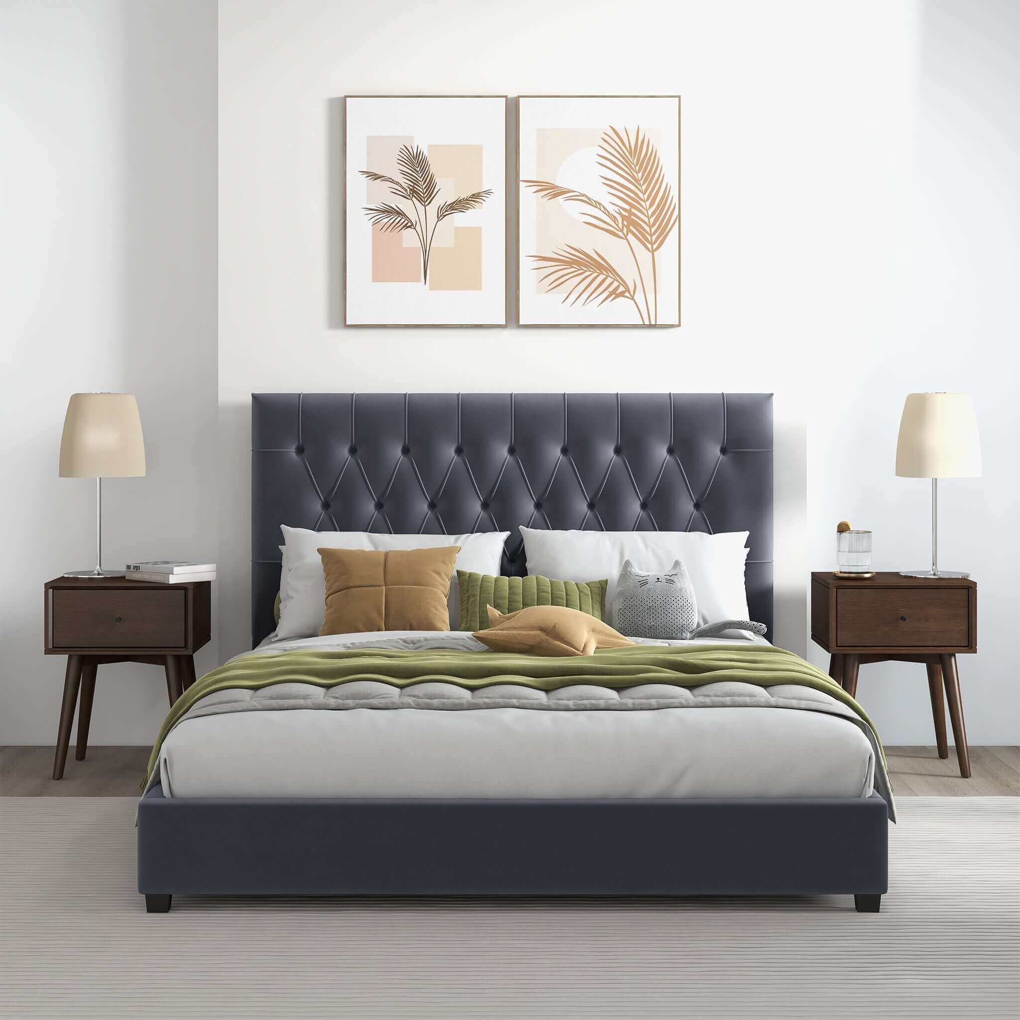 Donald Mid-Century Modern Grey Velvet Platform Bed Queen