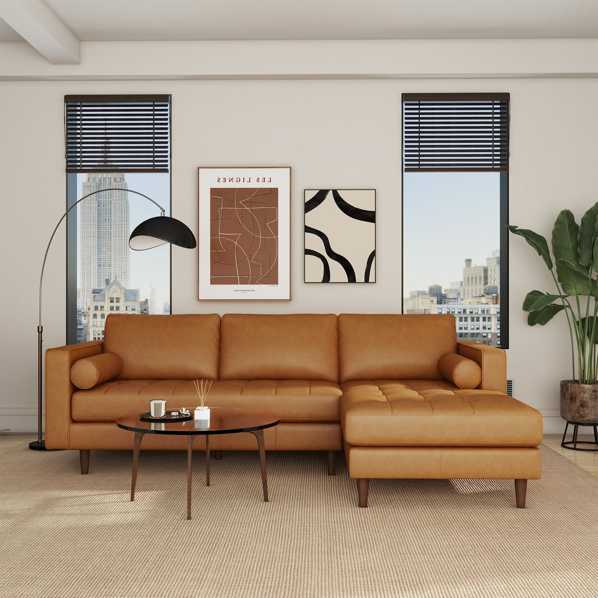 Anthony Genuine Top Grain Tan Leather Right-Facing Sectional Sofa