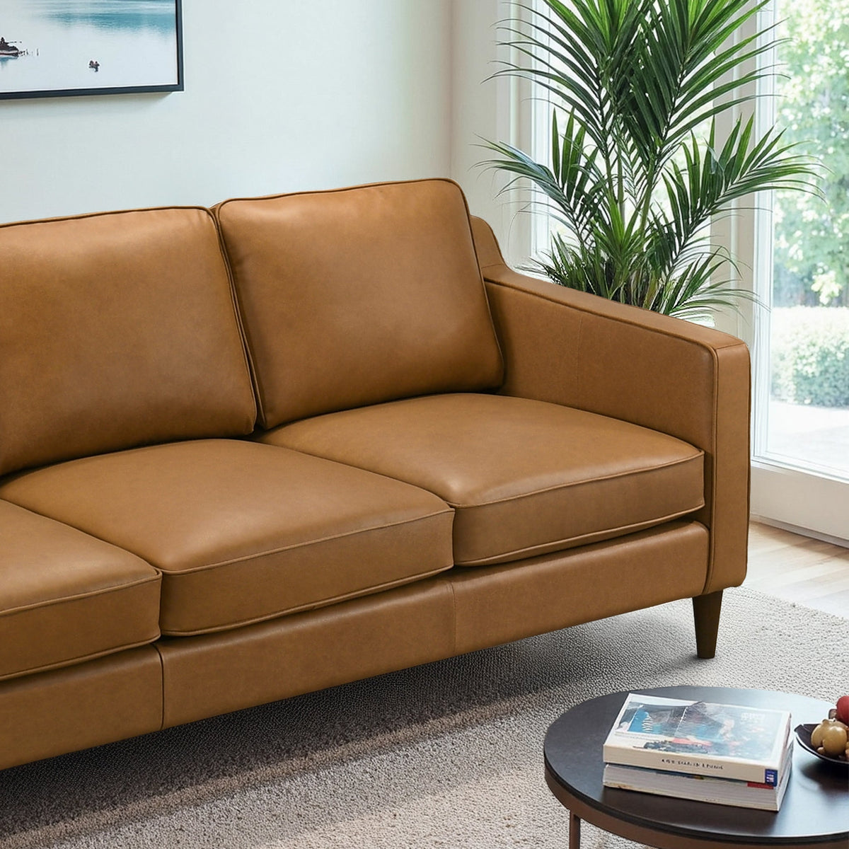 Cooper Mid-Century Modern Tan Leather Sofa