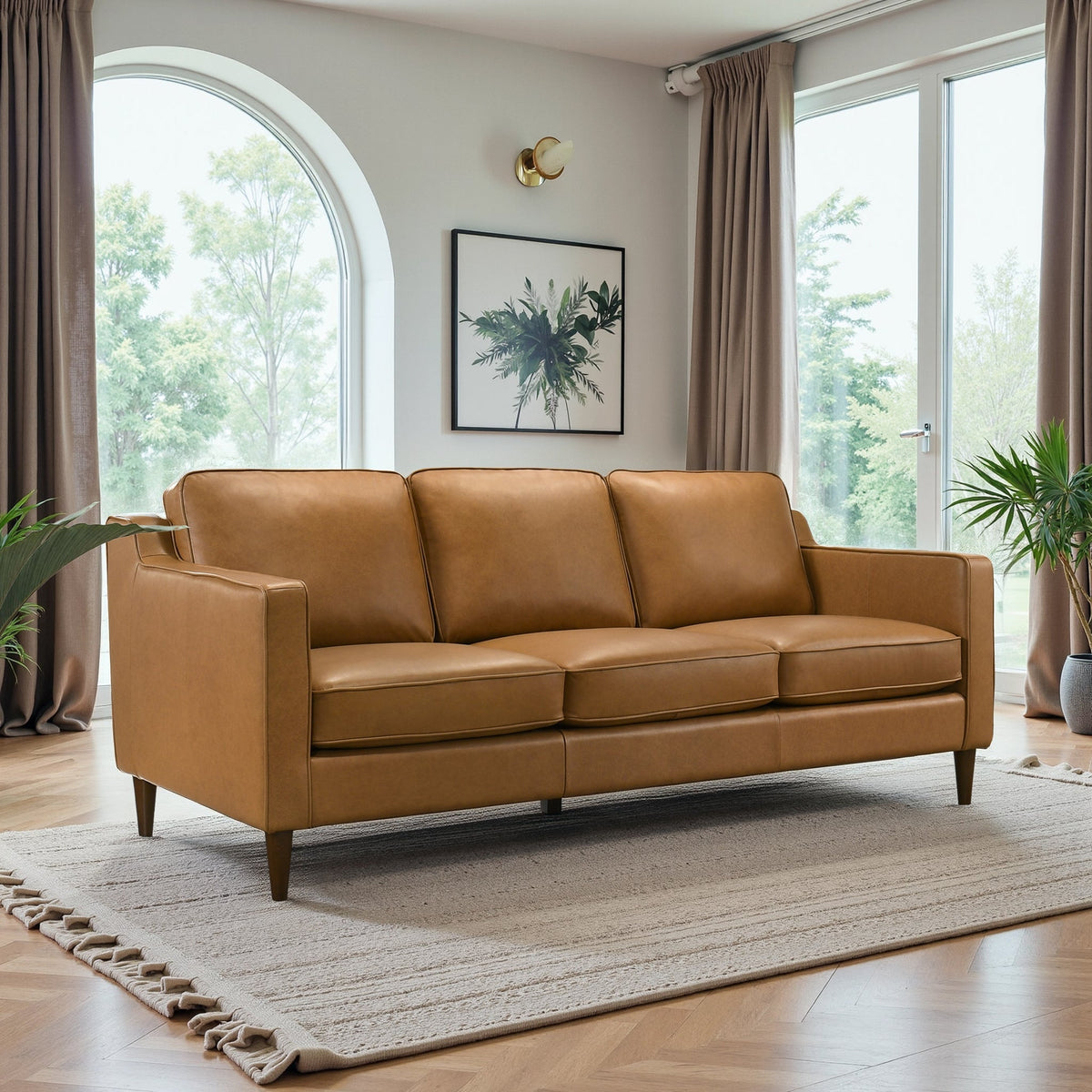 Cooper Mid-Century Modern Tan Leather Sofa