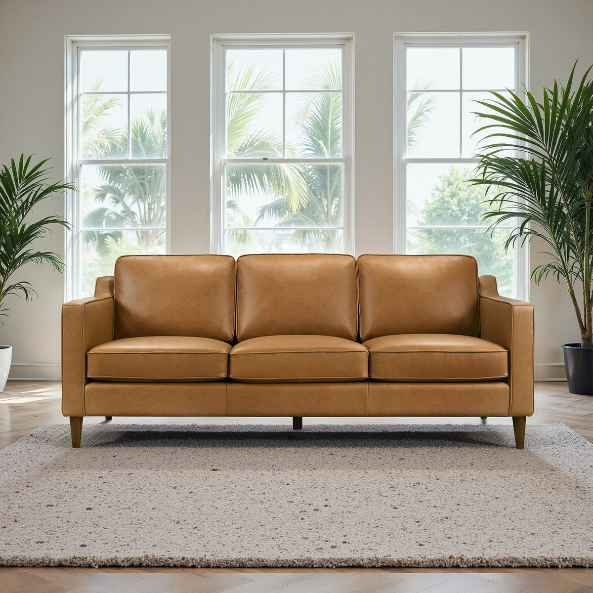 Cooper Mid-Century Modern Tan Leather Sofa