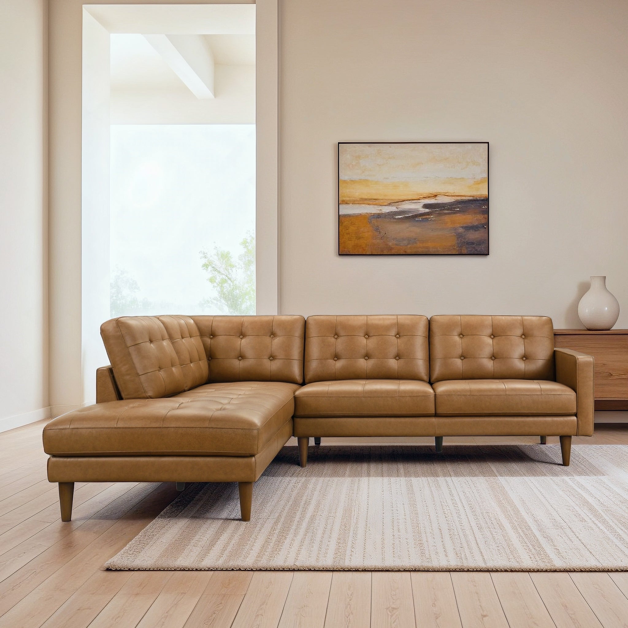 Lucco Genuine Tan Leather Left-Facing Sectional Sofa