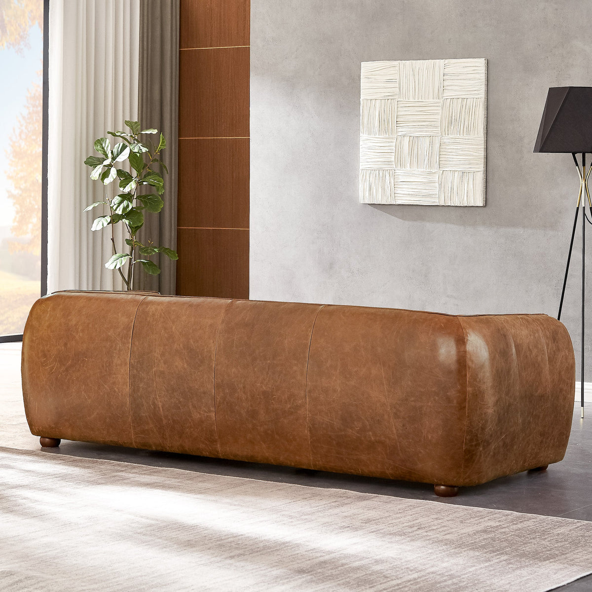 Mila Mid-Century Modern Brown Genuine Leather Sofa