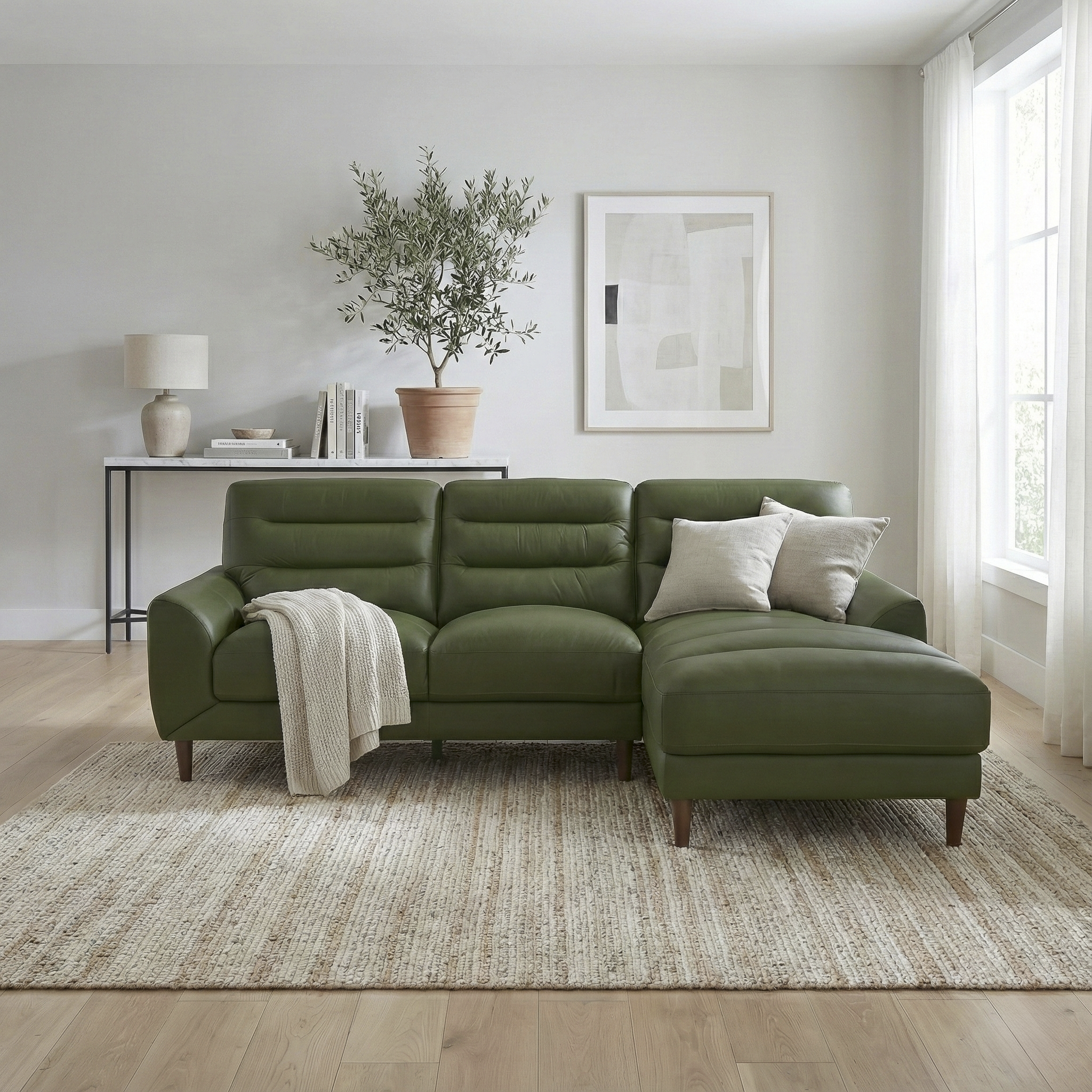 Clarion Genuine Green Leather Sectional Sofa with Right Chaise Lounge