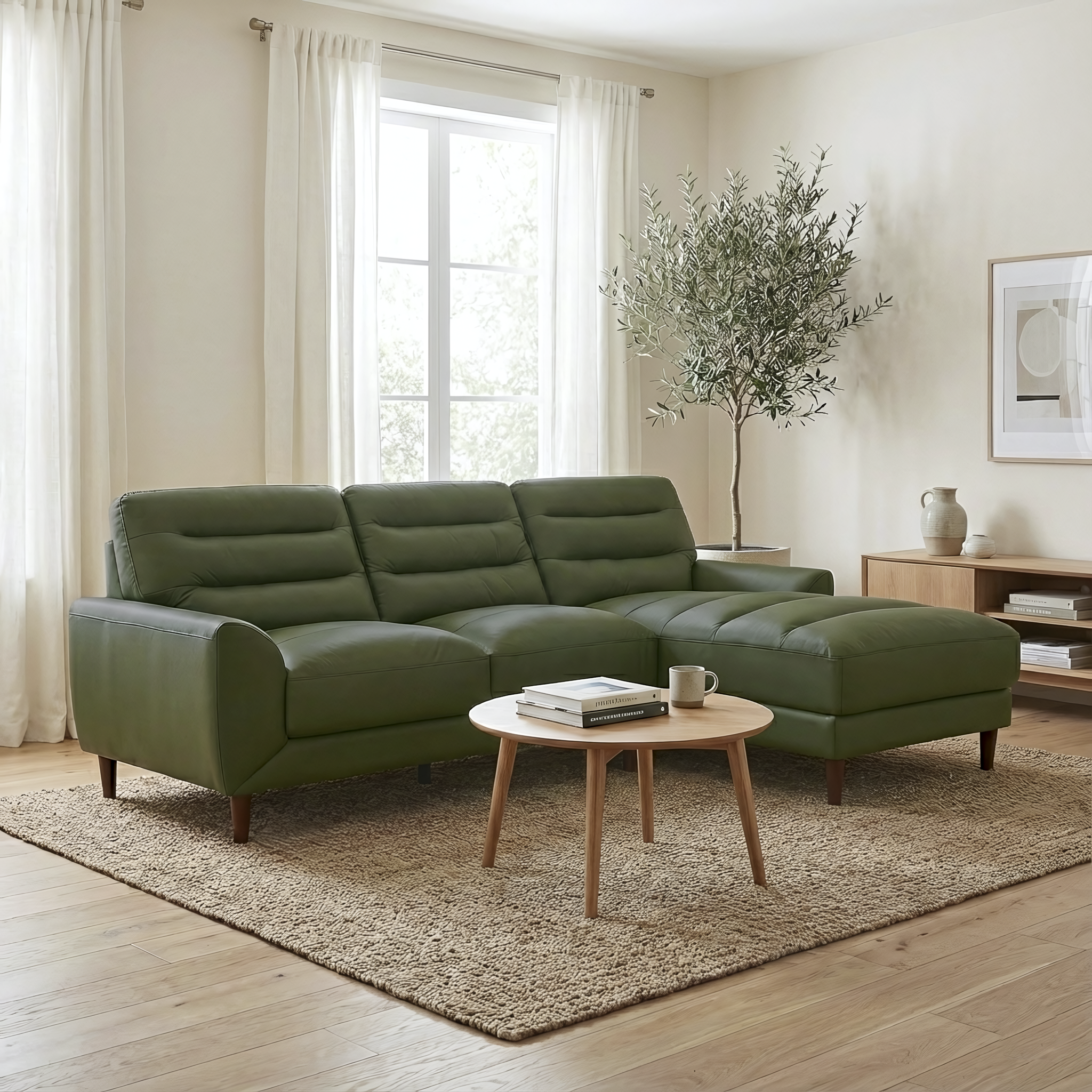 Clarion Genuine Green Leather Sectional Sofa with Right Chaise Lounge