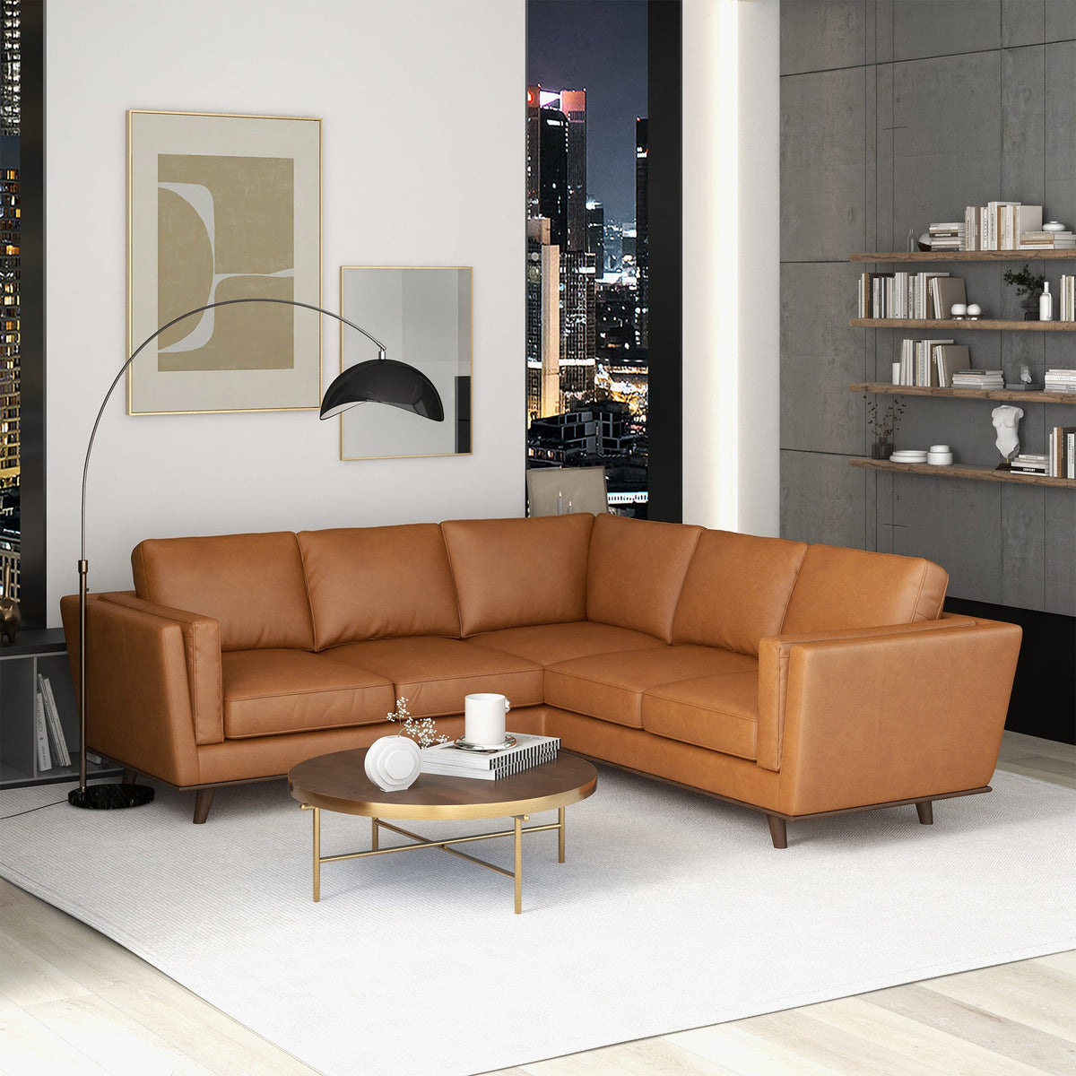 Erman Genuine Tan Leather Corner Sectional Sofa