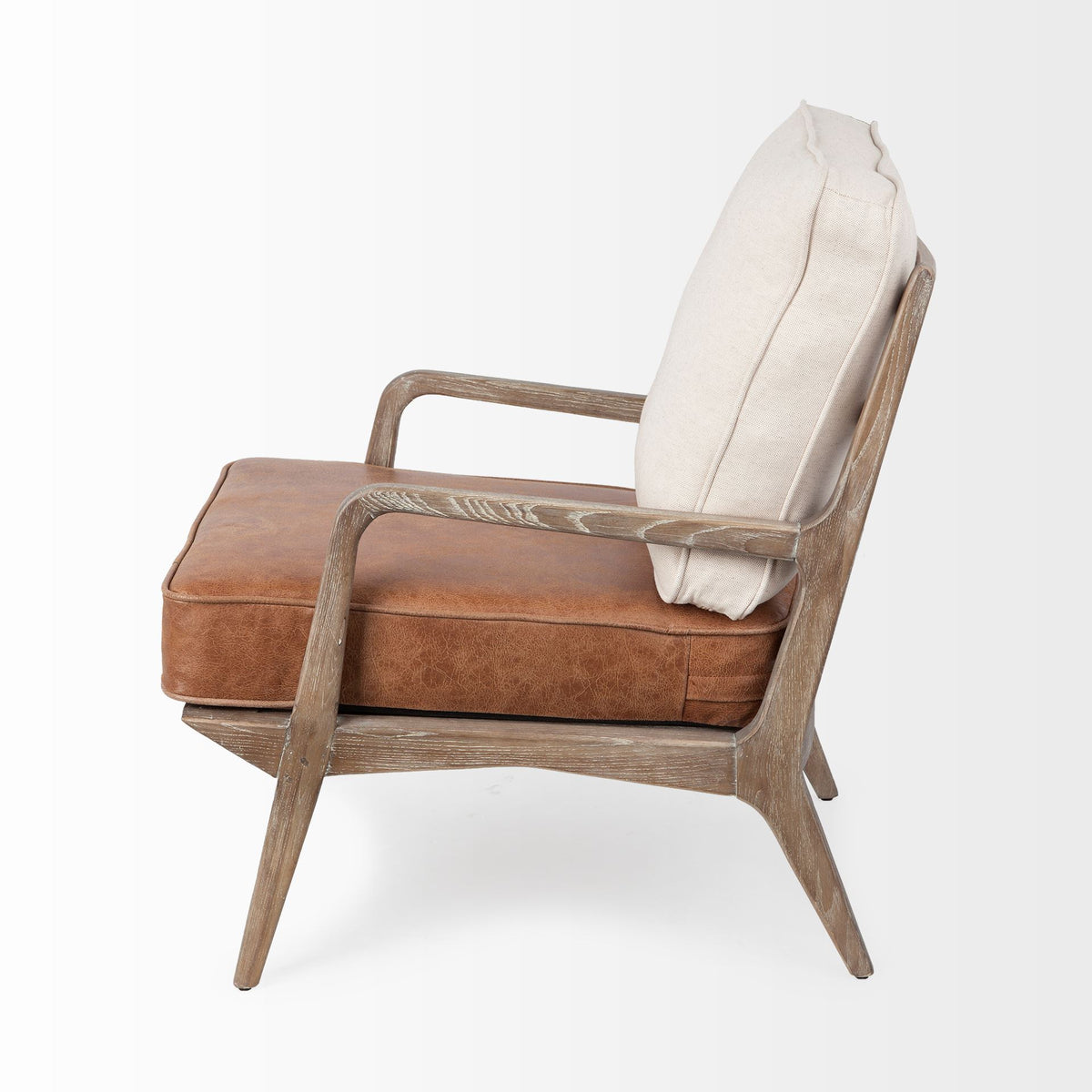 Harman Brown Leather and Cream Linen Accent Chair