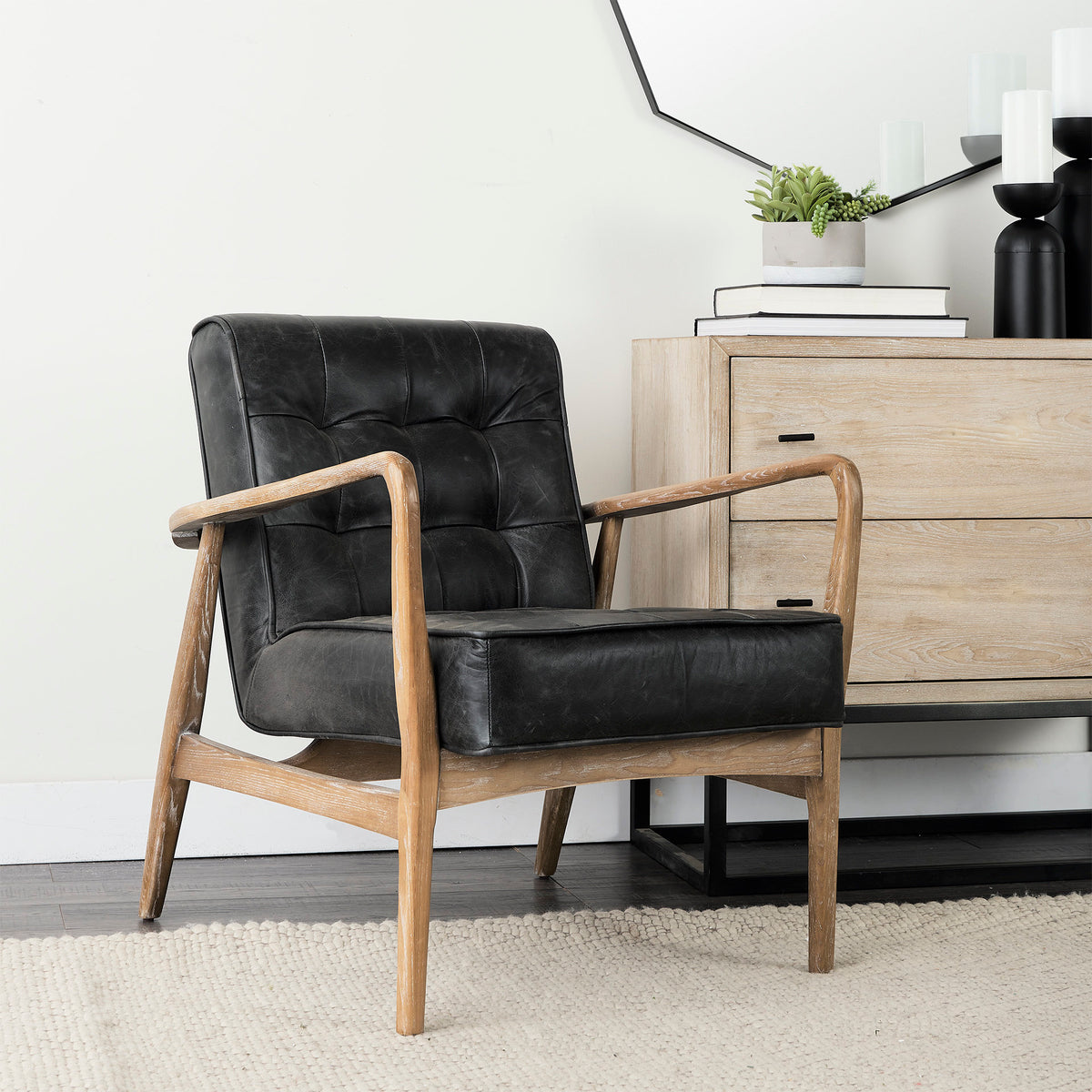 Phineas Black Tufted Leather Accent Chair