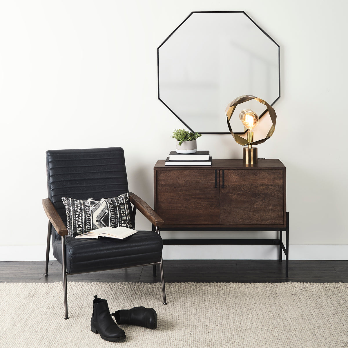 Grosjean Black Leather Bronze Frame Accent Chair