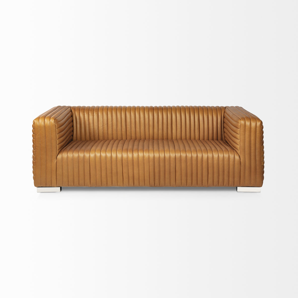 Ricciardo Cognac Genuine Leather Channel-Tufted 3-Seater Sofa