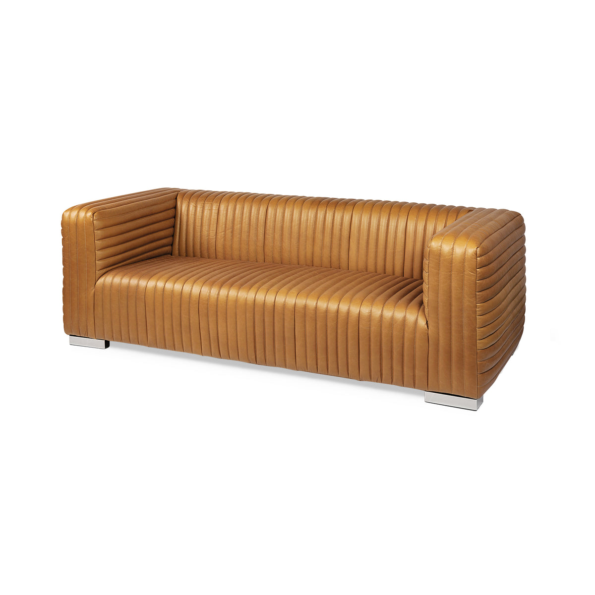 Ricciardo Cognac Genuine Leather Channel-Tufted 3-Seater Sofa