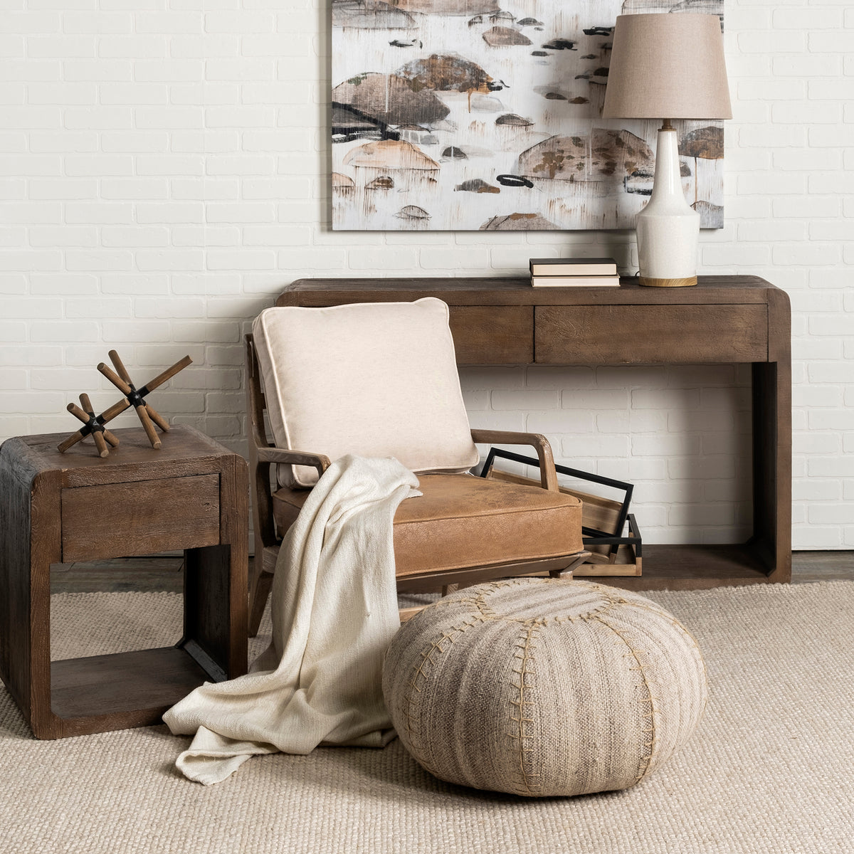Harman Brown Leather and Cream Linen Accent Chair