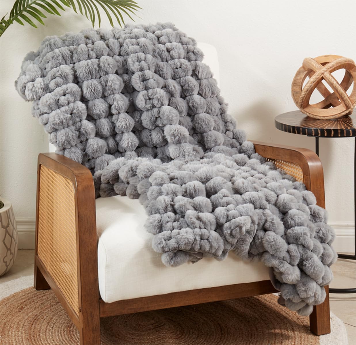 Faux Rabbit Fur Throw Blanket - Grey Plush