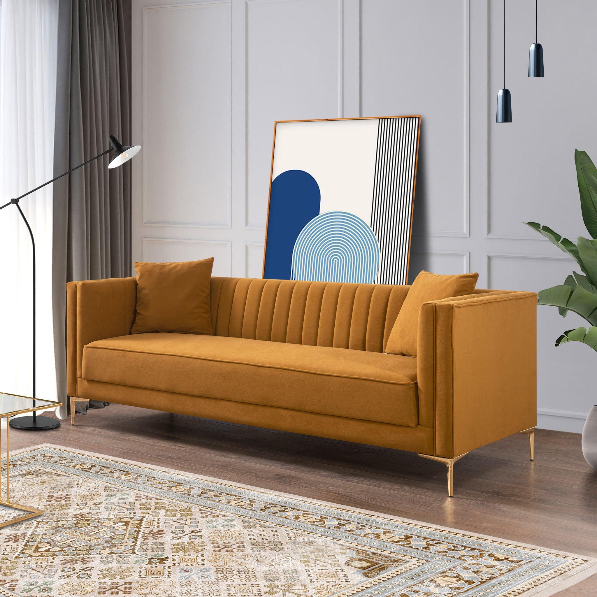Lewis Cognac Velvet Sofa - 91"