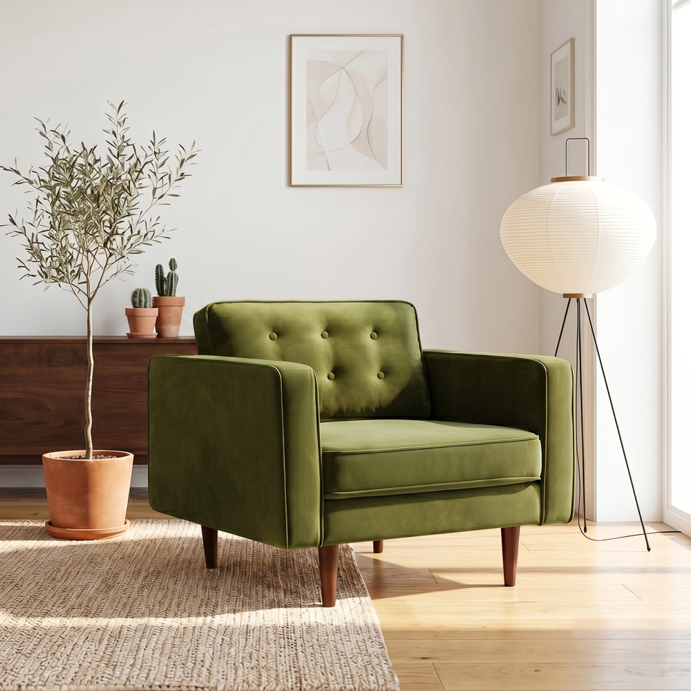 Casey Mid-Century Modern Pillow Back Olive Green Velvet Armchair