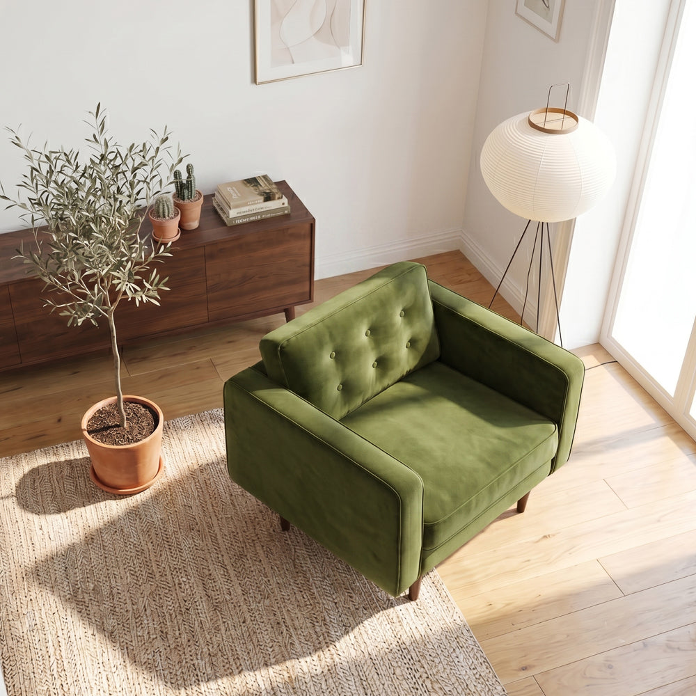 Casey Mid-Century Modern Pillow Back Olive Green Velvet Armchair