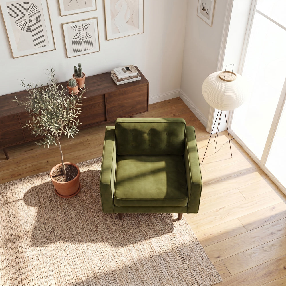 Casey Mid-Century Modern Pillow Back Olive Green Velvet Armchair