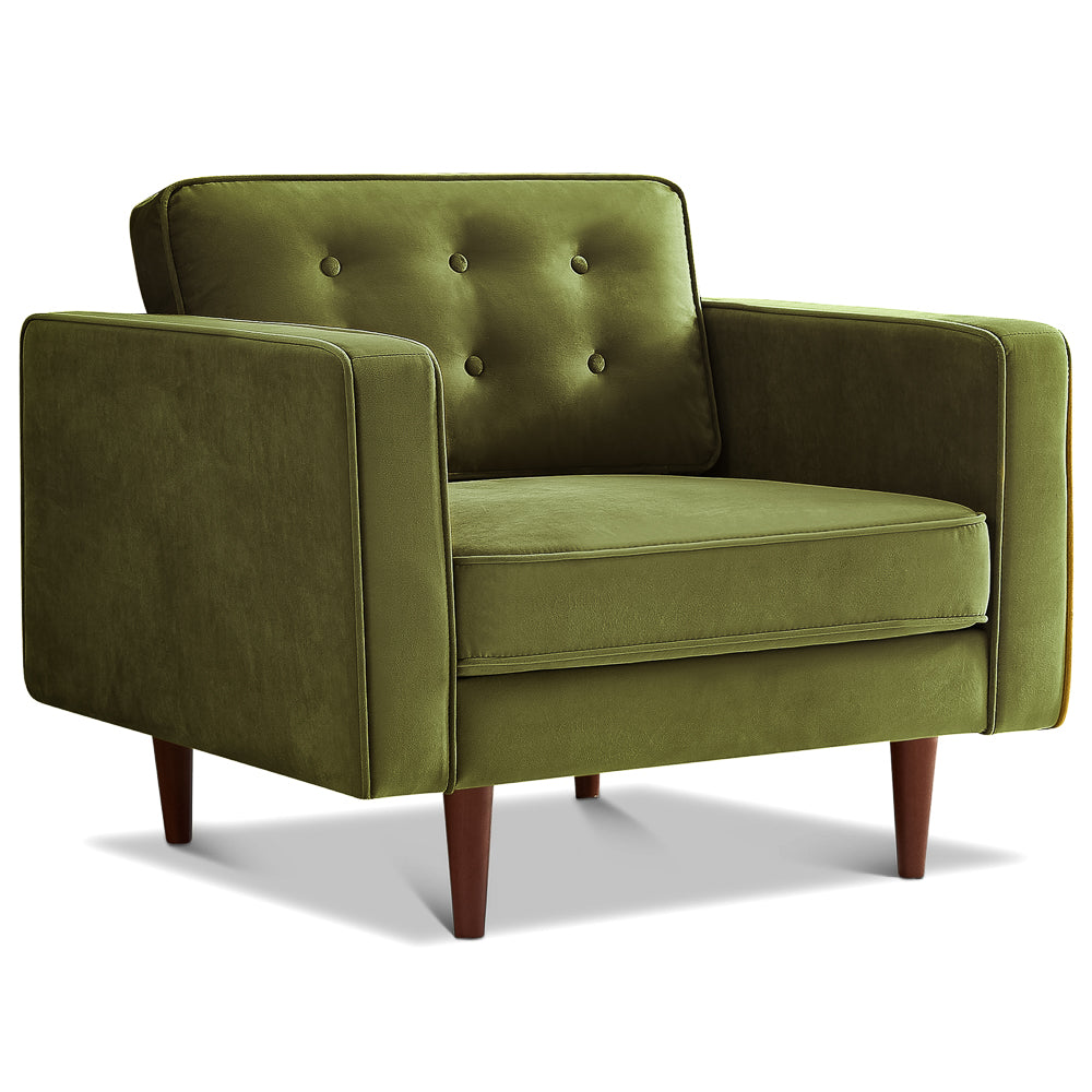 Casey Mid-Century Modern Pillow Back Olive Green Velvet Armchair