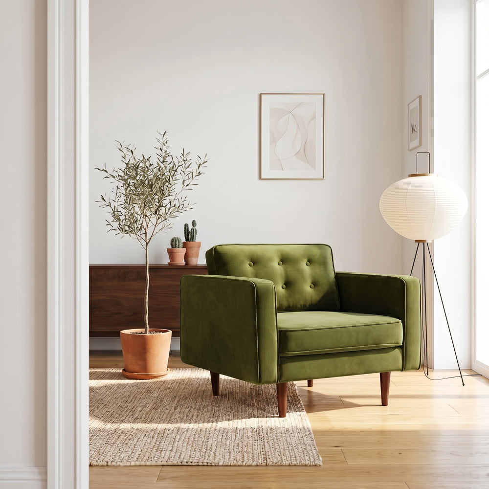 Casey Mid-Century Modern Pillow Back Olive Green Velvet Armchair